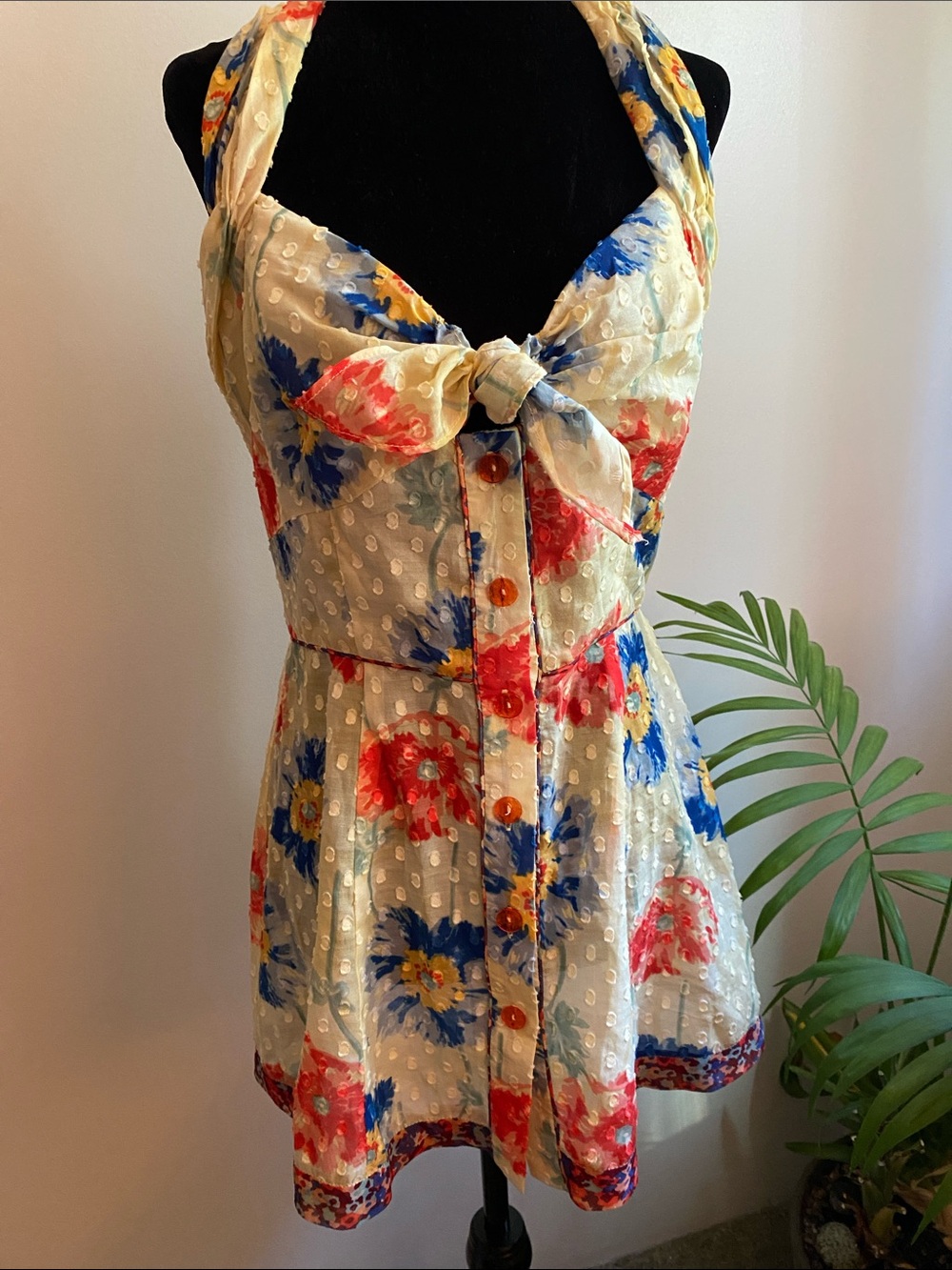 Anna Sui Cream Floral Halter Blouse with Red and Blue Flowers. Cotton/Silk blend